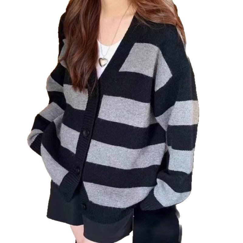 2025 Autumn/Winter Korean Style Loose Striped Knit Cardigan - Women's Versatile Slimming Sweater Coat