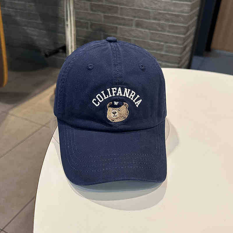 Women's Baseball Cap for Spring and Summer, Korean Style, Casual, with Bear Head and Letter Embroidery, Pure Cotton, Curved Brim, Denim Blue