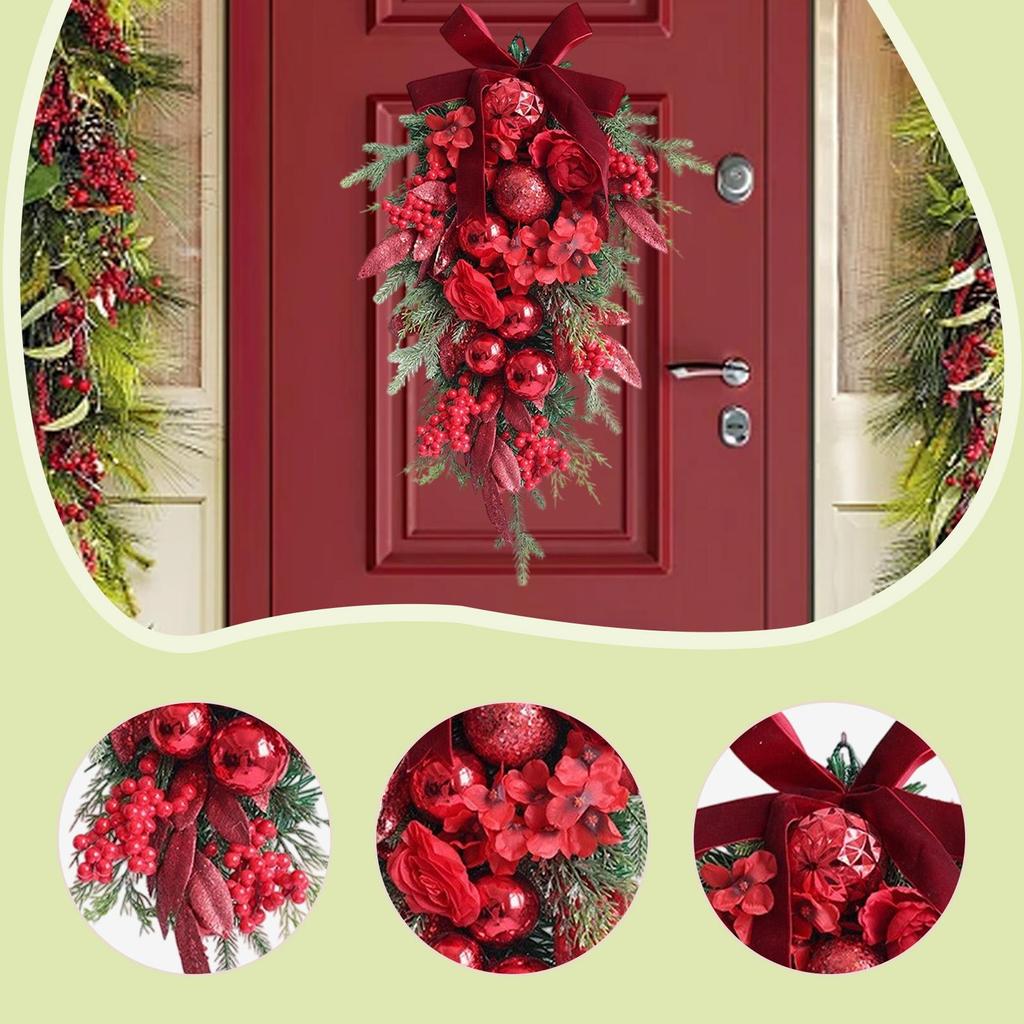 Winter Xmas Decorative Door Wreath Realistic Teardrop Swag for Entryway Home Wall Decoration