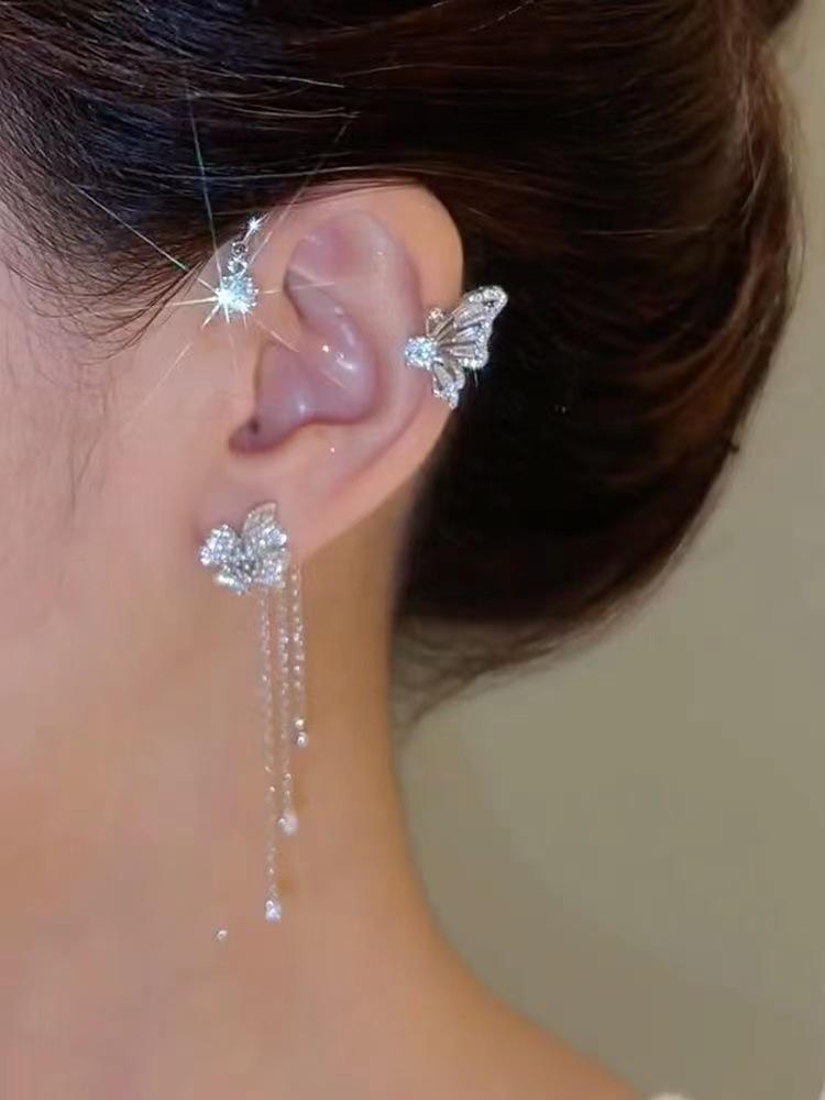 1pc Elegant Diamond Star & Leaf Tassel Ear Cuff Earring, Versatile Jewelry Gift For Women, Daily Wear