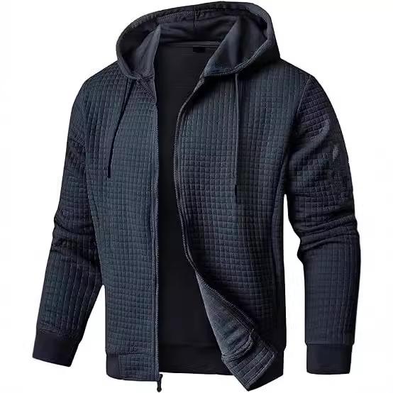 Quilted Hooded Zip-Up Jacket with Adjustable Drawstring, Ribbed Cuffs and Hem, Available In Beige, White, Black, Light Gray, Dark Blue