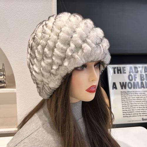 Real Rex Rabbit Hair Hat Women's Thickened Hair Hat Fur Cold Warm Ear Protection Plush Knitted Hat Baotou Hat Autumn and Winter
