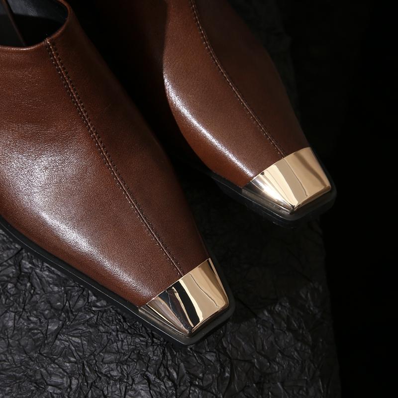 Fashion Women's New Summer Metal Headed Genuine Leather Cowhide High Heels Large Square Headed Retro Muller Slippers
