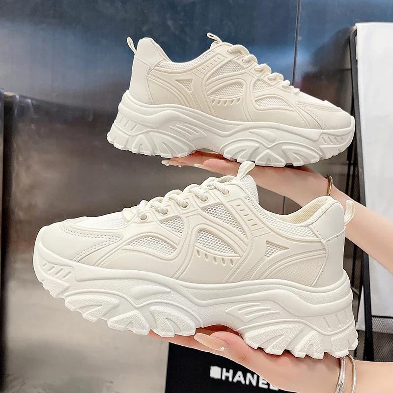 New Spring Fashionable Thick-soled Student White Shoes Comfortable/Wear-resistant Round-toe Breathable Sports and Casual Shoes