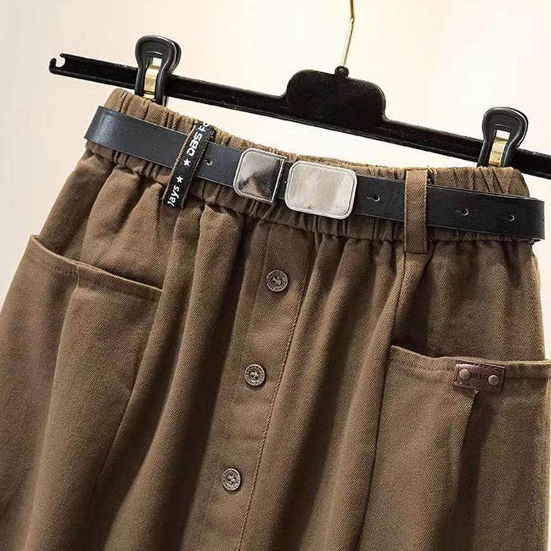 Washed Cotton Large Size Skirt Female Slit High Waist Slimming Medium Long Straight Skirt