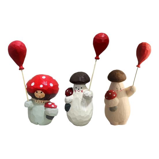 Wooden Mushroom Figurine Hand-Carved Mushroom Elf Holding A Balloon Rustic