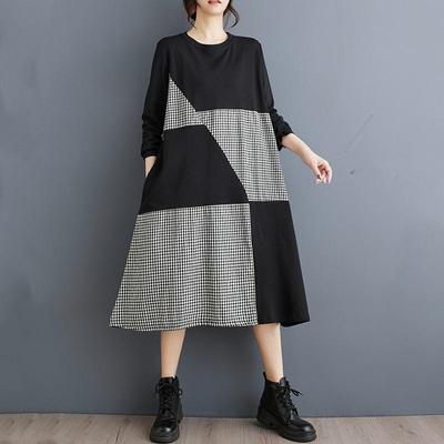 Lange mouw Plus size vintage Ruit nieuw binnen jurken voor vrouwen casual losse lente herfst jurk