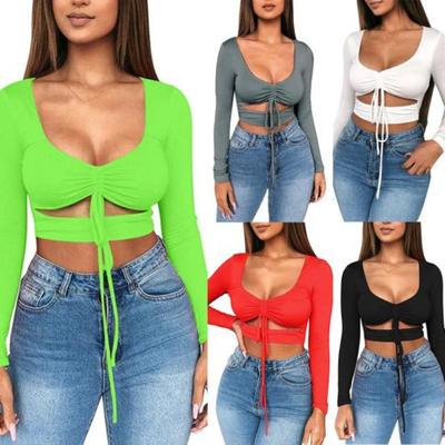 Women Fashion Solid Color Slim Fit Low Cut Crop Tops Blouse for Party