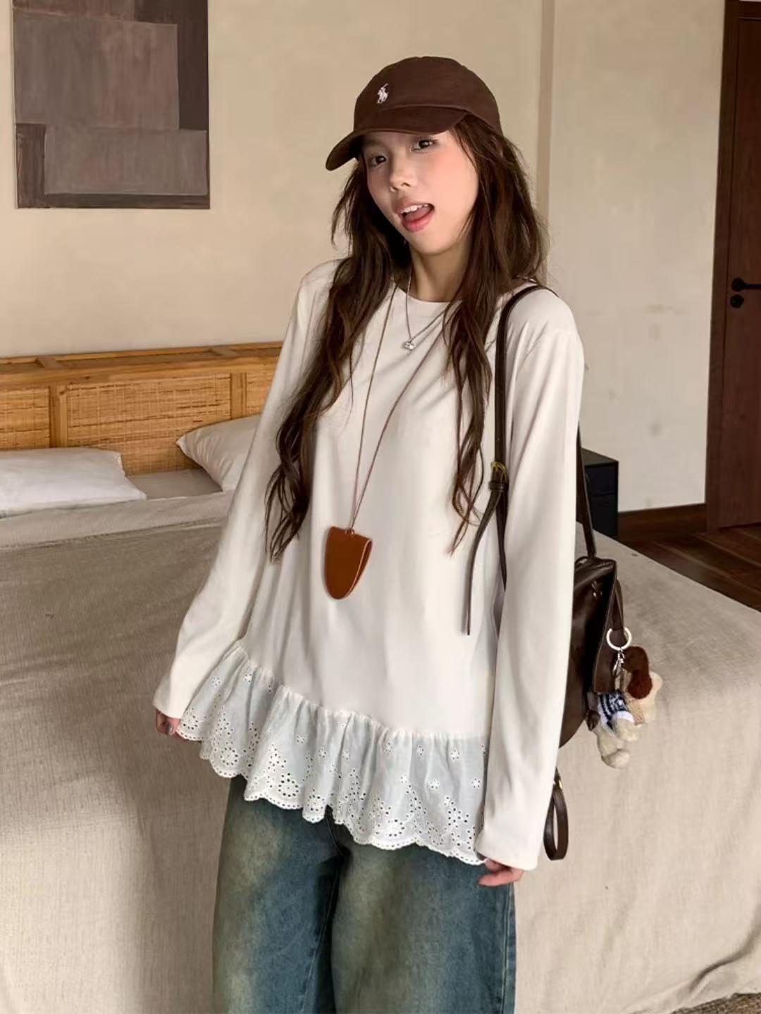 

Velour Sweet White Lace Trim Long-Sleeve Women s T-Shirt, Autumn/Winter. L белый