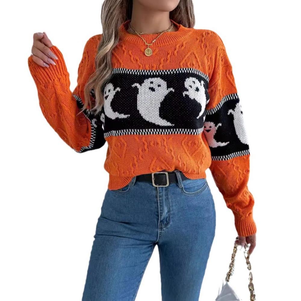 Autumn/Winter Women's Hoodie Halloween-themed Ghost Contrast-colour Long-sleeved Pullover Women's Knitted Sweater Top