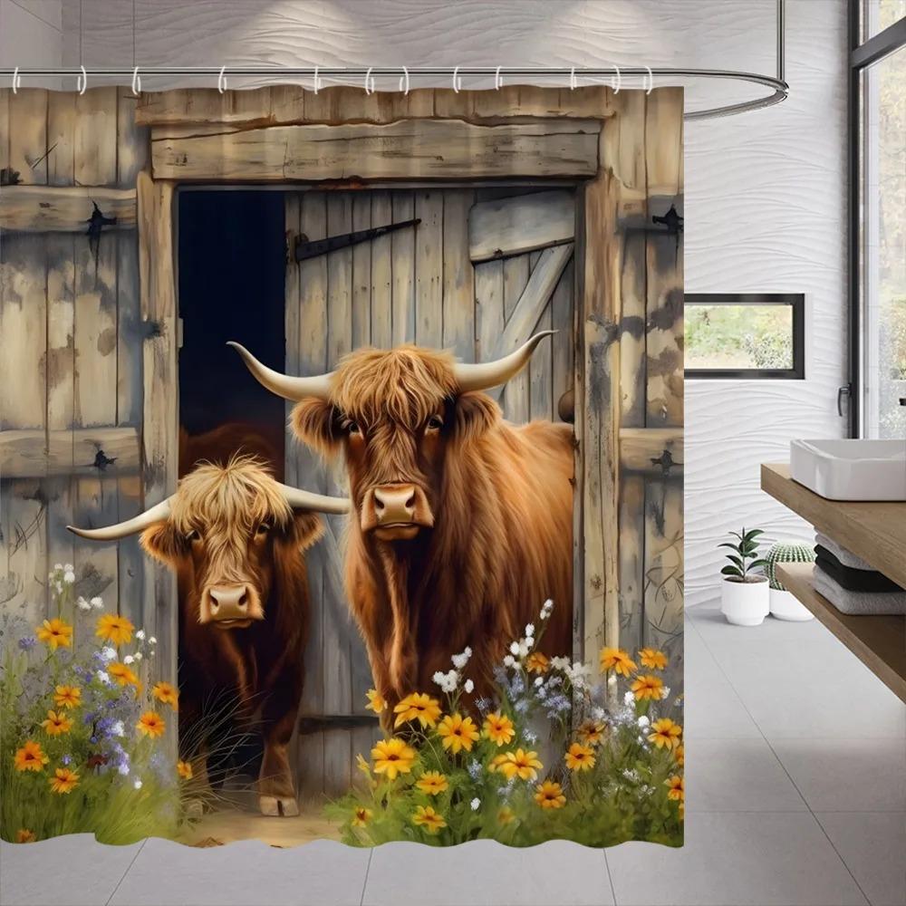 

Funny Farm Cow Shower Curtain Rustic Wooden Door Highland Cow Wooden Panel Lavender Flower Cloth Hanging Curtains Bathroom Decor 90x180cm-35x70in