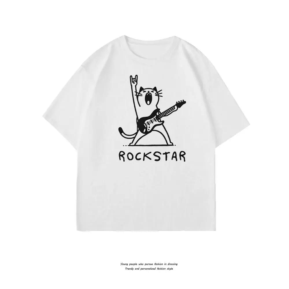 Summer New American Rockstar Rockstar Cat Shortsleeved Summer Casual Loose Tshirt Made of Pure Cotton
