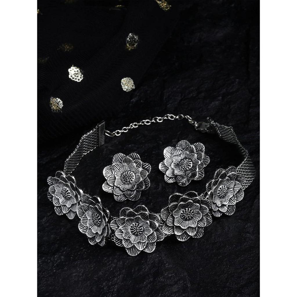 Shining Diva Fashion Latest Stylish Traditional Oxidised Silver Necklace Jewellery Set for Women