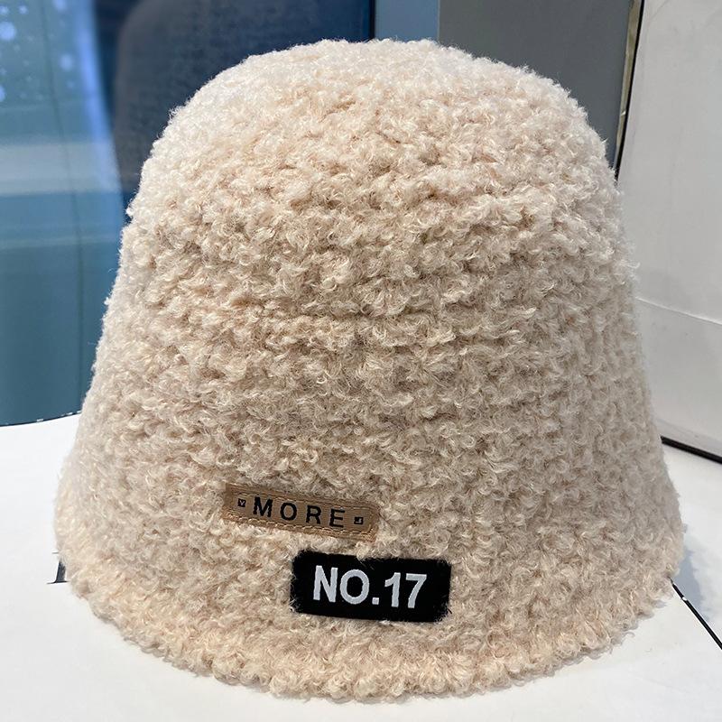 Women's Autumn and Winter Patch Plush Fisherman's Hat Big Head Circumference Korean Version Versatile Warm Japanese Basin Hat Trendy