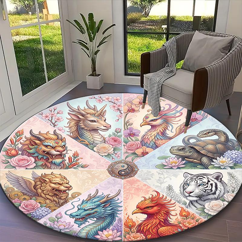 1pc Mythic Rainbow Dragon Printed Chair Rug for Home Office Use, Living Room Kitchen Game Room Round Carpet