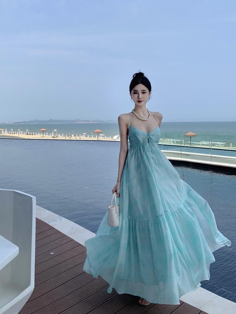 Mint Mambo Seaside Resort Atmosphere Beach Dress Design Sense Neck Dress Fairy Temperament Swing Skirt