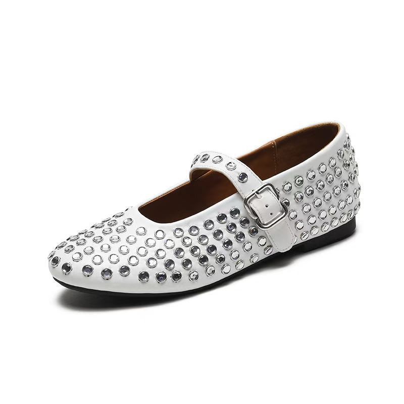

Retro full diamond Mary Jane single shoes women s new shallow mouth one-word buckle ballet shoes round head flat shoes 42 білий