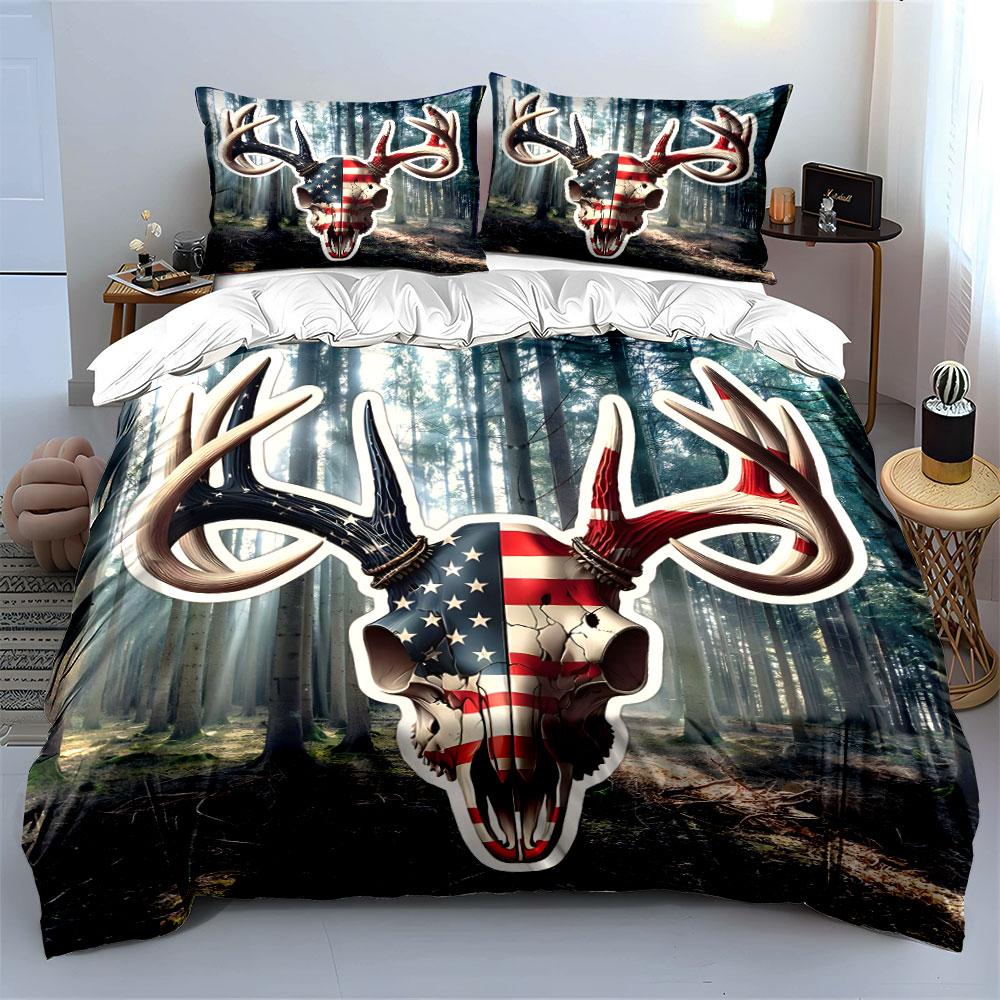 Usa Flag Deer Skull Decor Set Soft Comfortable Duvet Cover Bedding Set Included 1*Duvet Cover & 2*Pillowcases, Gift