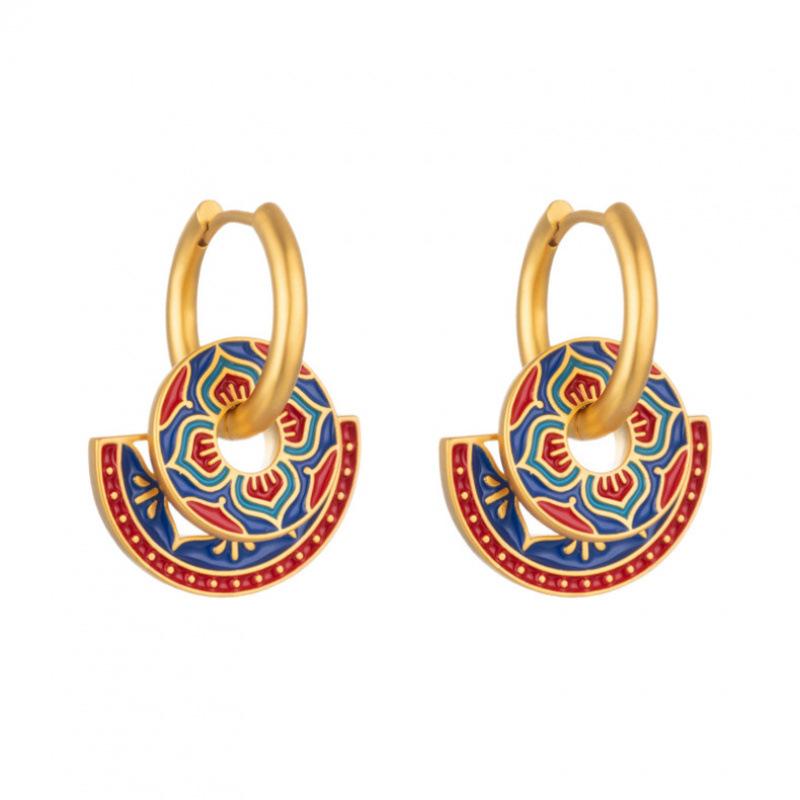 Niche retro color enamel oil drop earrings, ear buckles, light luxury, high-end sense, new Chinese contrast earrings, medieval stud earrings
