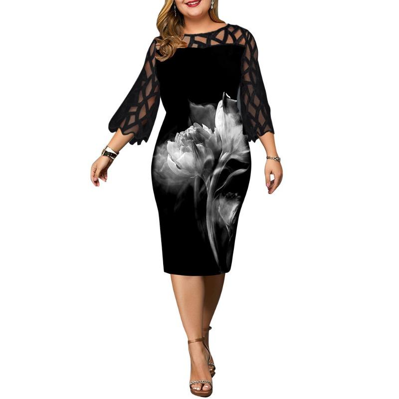 Plus Size Women Lace Patchwork Printed Slim Fit Midi Dress