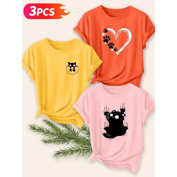Three-piece Set Elegant Short-sleeved Shirt for Women Cat Pet-themed Printed Round-neck Women's Shirt T Shirt Suitable for Spring Wear Summer
