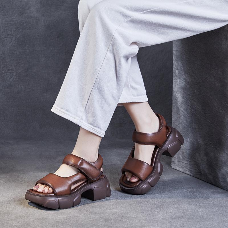 Fashion 6CM Top Layer Cowhide Square Head Open Toe Sandals Platform Elevator Shoes High Heel Sandals 2025 Summer Women Sandals Tide
