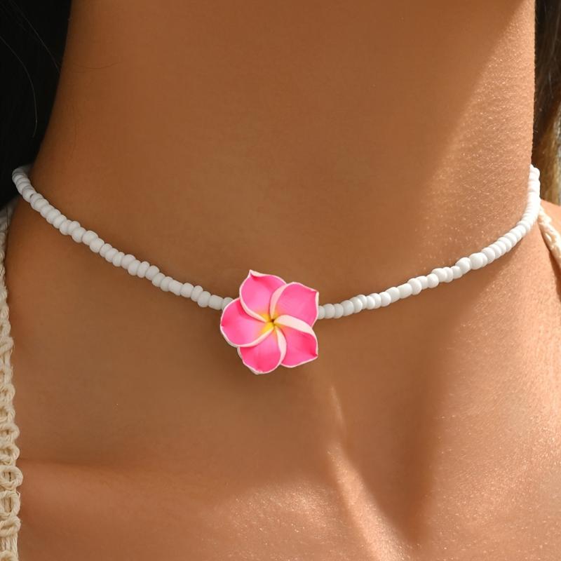 1pc Beaded Necklace for Women White Beads with Pink Floral Accent, Perfect for Daily Wear & Beach Vacations, Vacation Jewelry