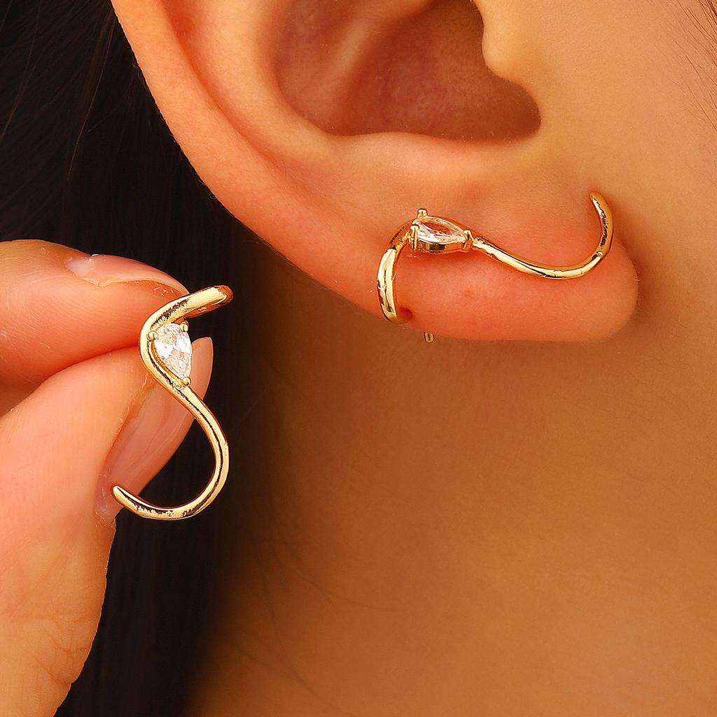 Orecchini a Bottone S-shaped in Rame Intarsiato Zircone Eleganti di Lusso Gioielli Minimalisti Singoli da Donna Unici