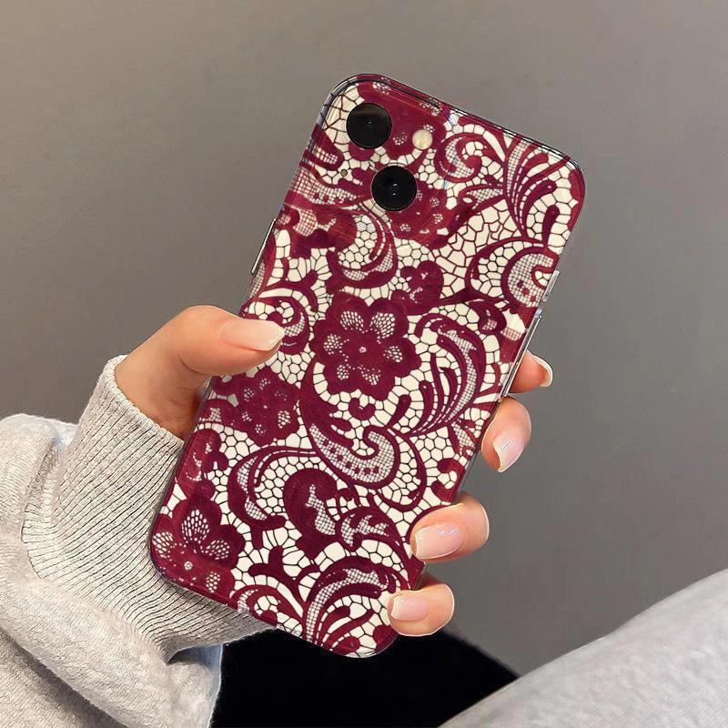Red Lace Pattern Phone Case For iPhone 17 16 15 11 12 14 13 Pro Max Mini X XS XR 7 Plus 17E Shockproof Soft Cover Shell Fundas