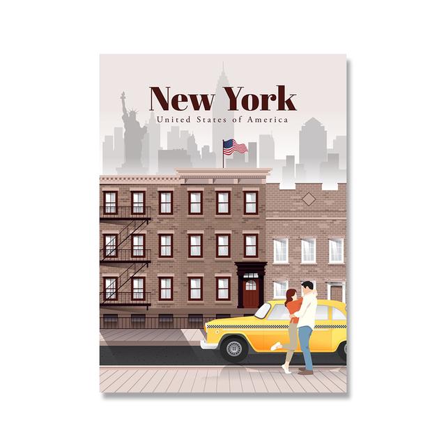 Famous City Retro Travel Poster Cartoon London New York Bali Tokyo Landscape Canvas Painting Wall Art Pictures Livingroom Decor