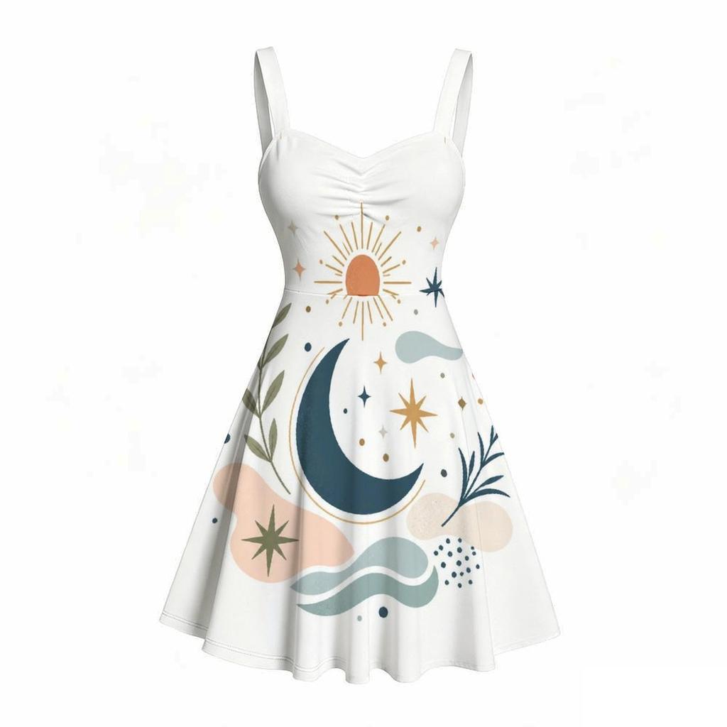 Women Plus Size Spaghetti Strap Off Shoulder Dress Constellation Shooting Star Celestial Print Swing Dress