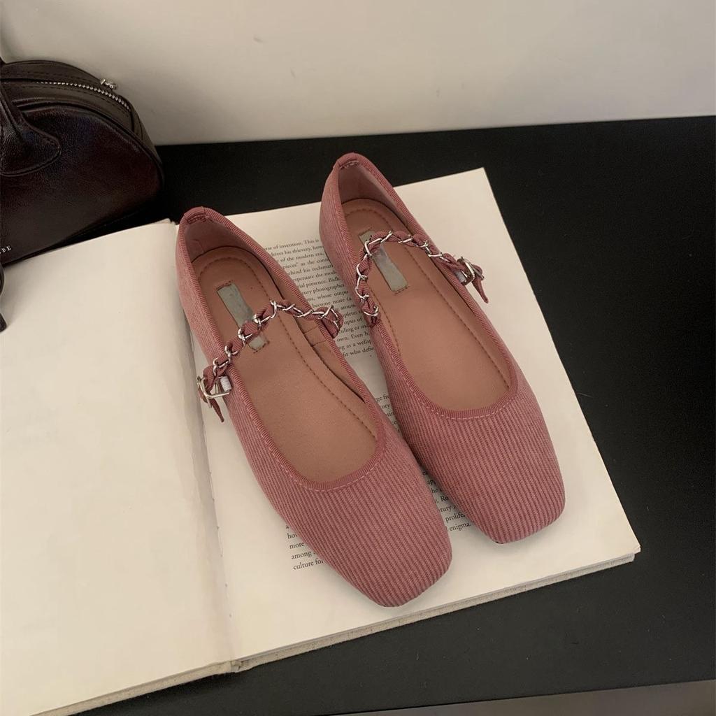 Retro Square Head Shallow Mouth Single Shoes Women's Spring and Autumn New Corduroy Beanie Shoes Women's Flat Casual Fairy Mary Jane Shoes
