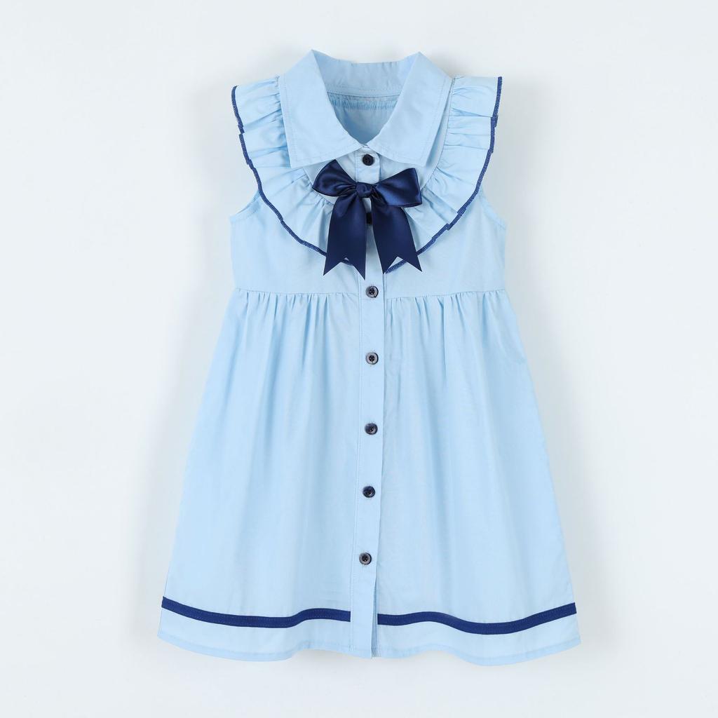 Toddler And Little Kids College Style Collared Lace Bow Sleeveless Children'S Dress Woven Cotton Summer Dress