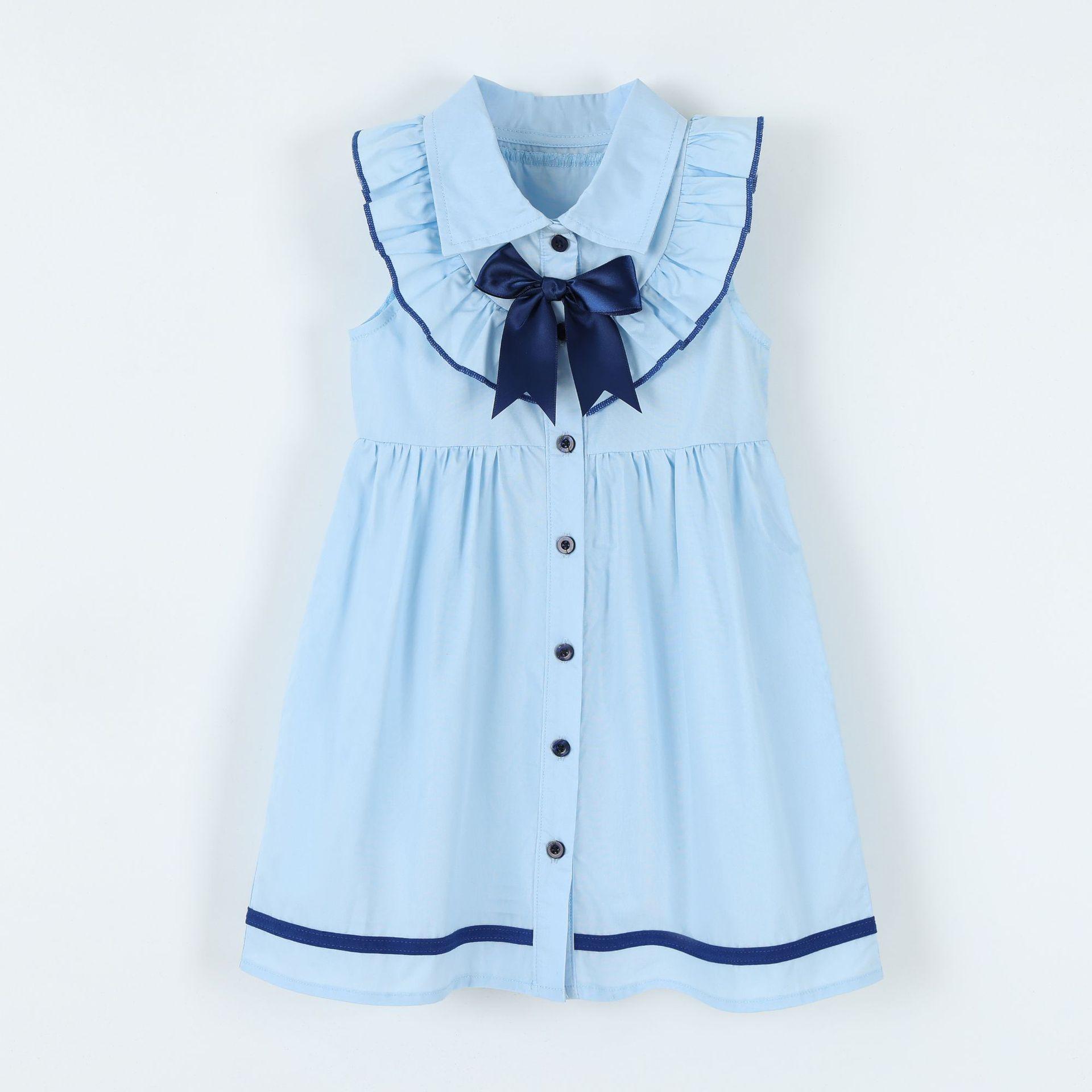 

Детское платье для малышей и детей постарше, в стиле колледжа, с воротником, кружевным бантом, без рукавов, из тканого хлопка, летнее 90cm светло-синий