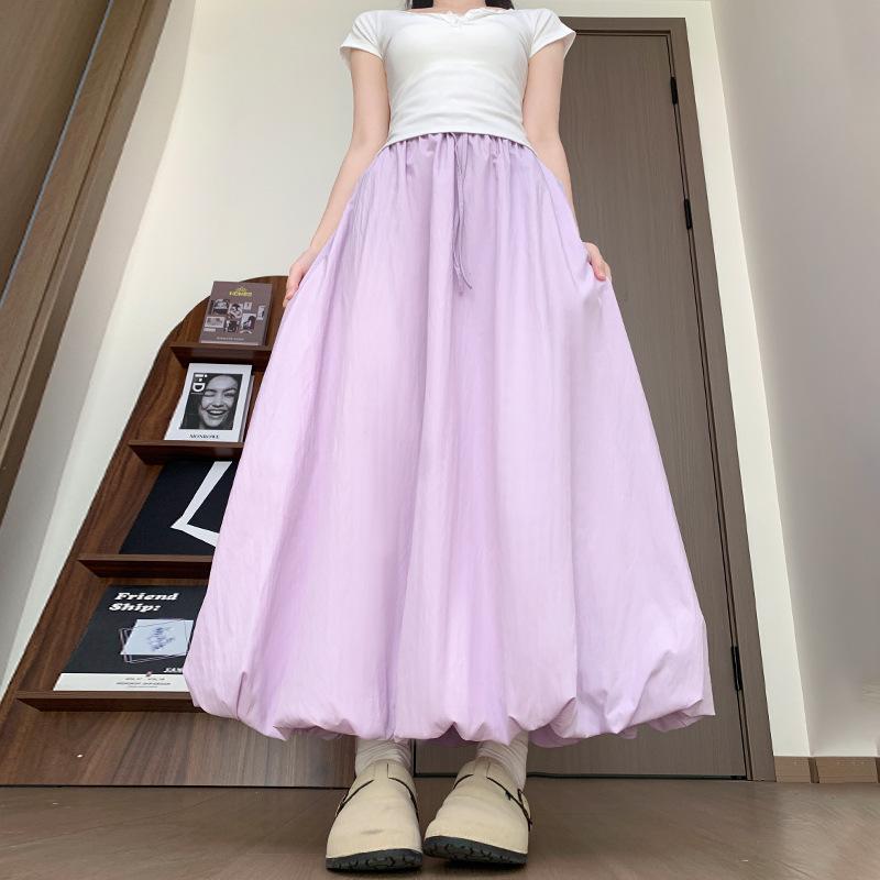 Damskirt med hög midja, elastisk, drapering och lykta, koreansk stil - Vår/Sommar