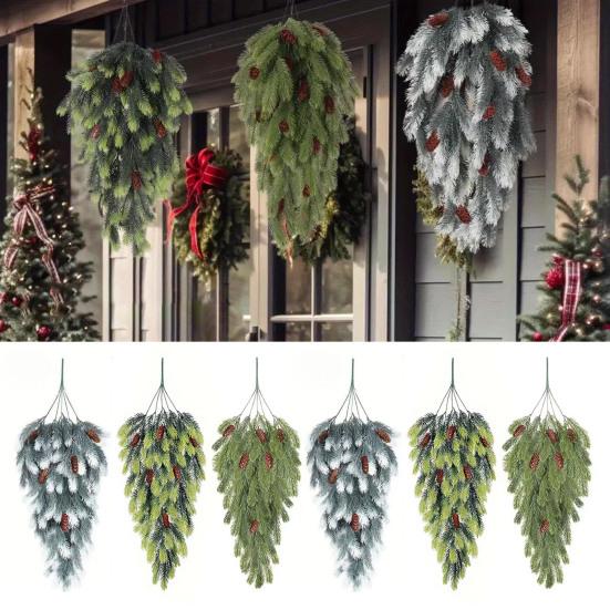 2Pcs Christmas Teardrop Swag Wreath Fake Norfolk Pine Stairway Swag with Pinecone Winter Xmas Hanging Greenery Garland Decoration