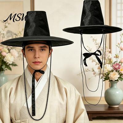 Lehká tradiční pokrývka hlavy Korejský klobouk, Anime Cosplay doplněk, Plochý klobouk se širokou krempou pro jevištní vystoupení, Vrchní část s korálkovým řetízkem pro Cosplay,