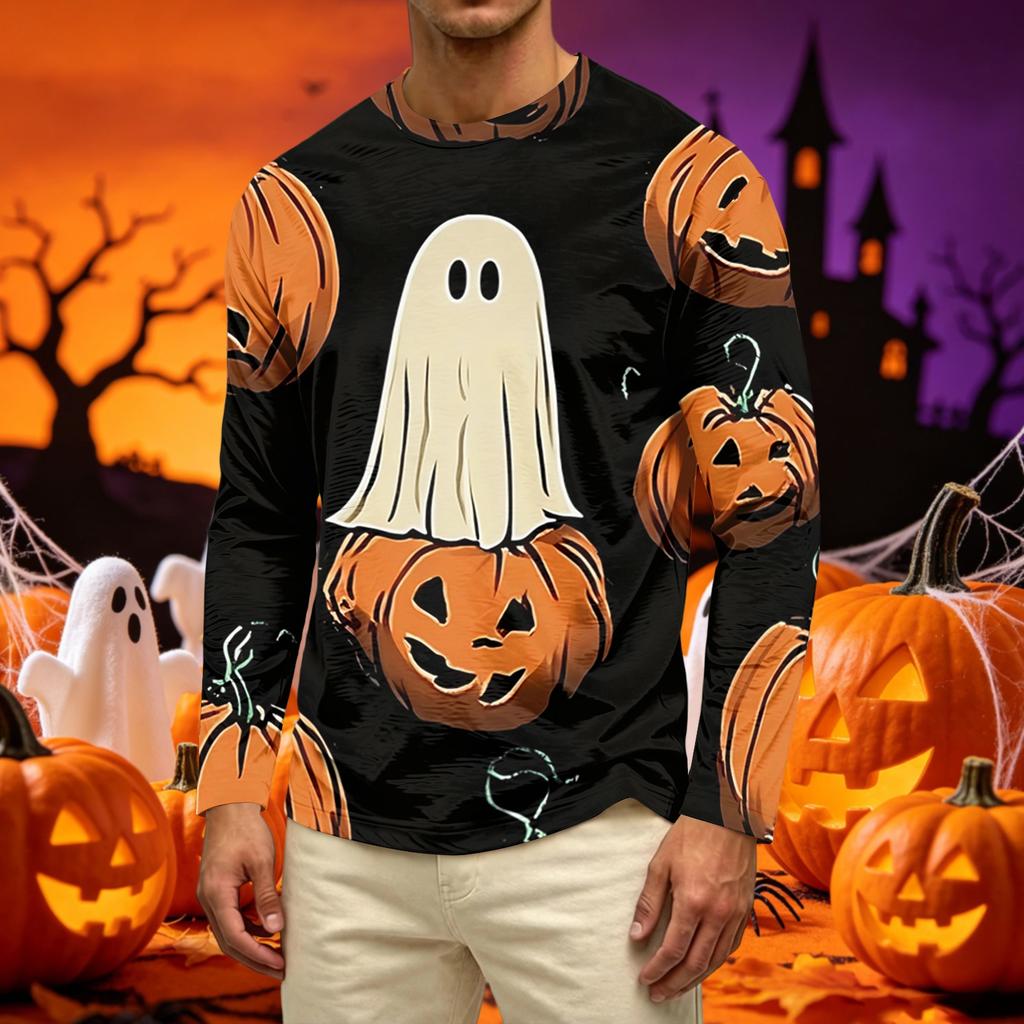 Men's Casual Long Sleeve Crew Neck T-Shirt with Pumpkin and Floral Print Comfortable Fit Lightweight Fabric Suitable for Daily Wear