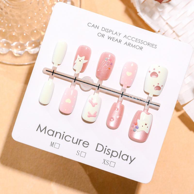 Kitten On Ladder: 3D Cat Eye Press-On Nail Tips - 30 Pcs, Cute & Soft Style