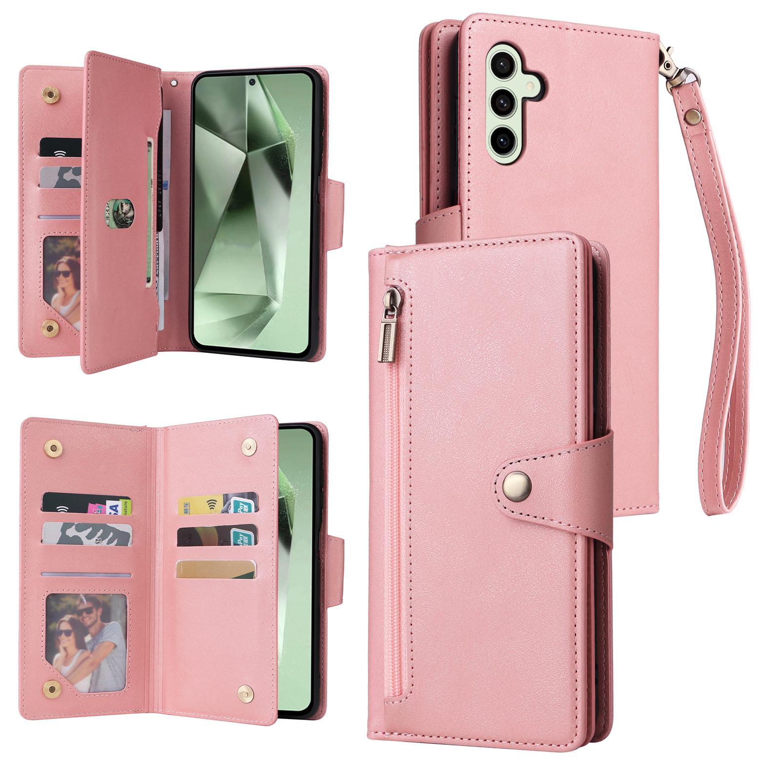 

For Samsung Galaxy S24 FE Case Rivet Decor Zipper Pocket Leather Phone Cover A