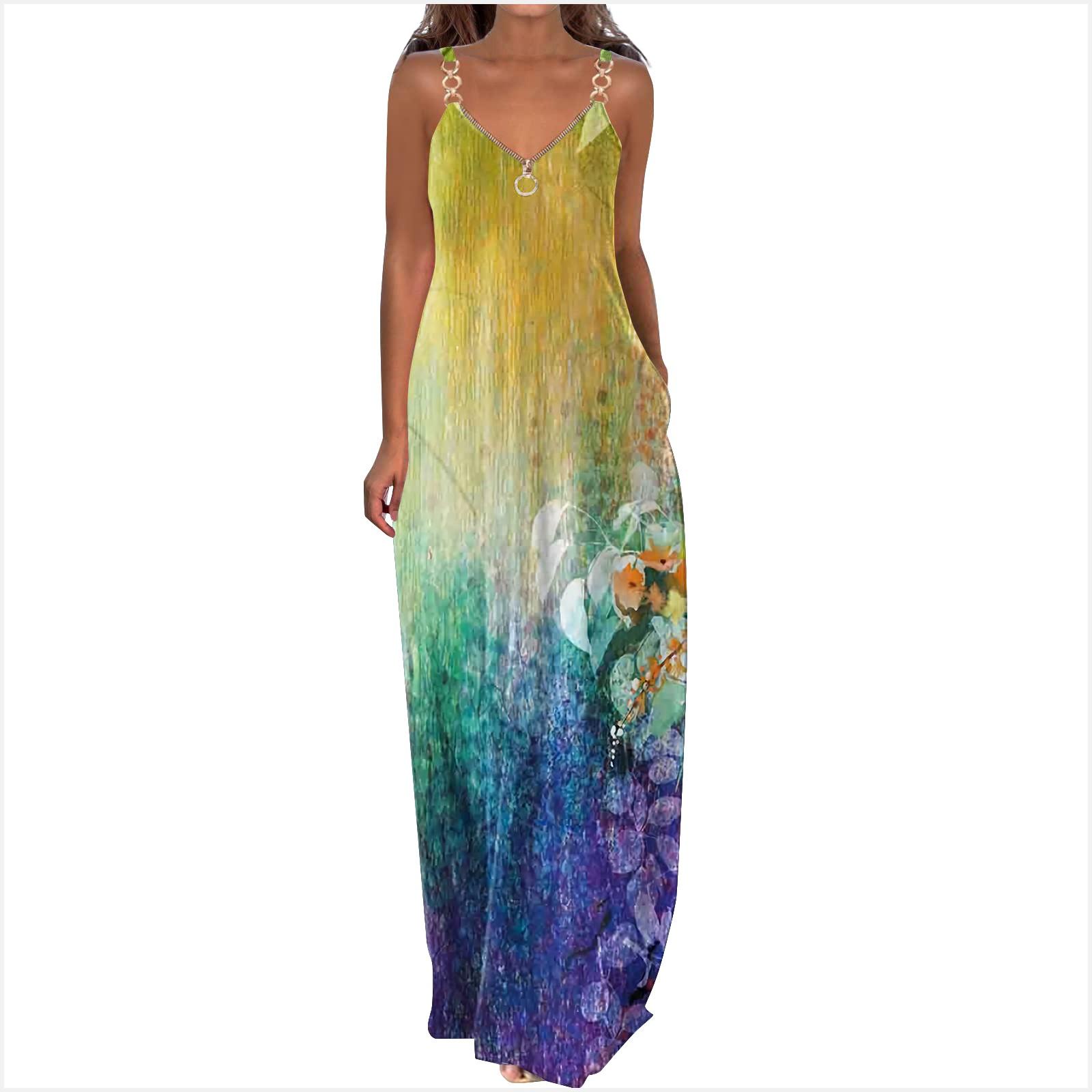 

Платья для женщин Платье с принтом V-образным вырезом Длинное платье с карманами на молнии Повседневное платье макси с принтом в стиле бохо XL