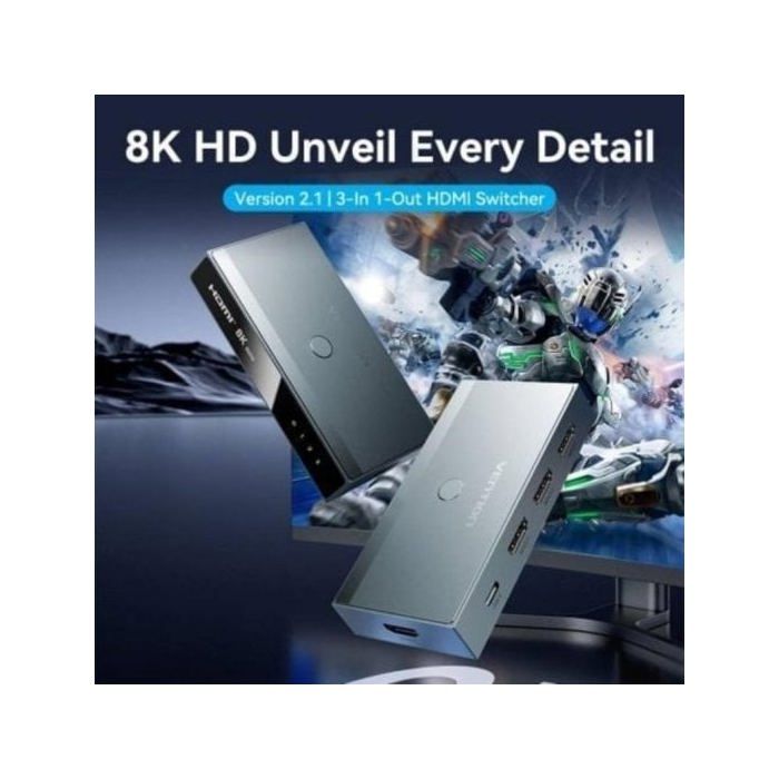 Switch HDMI 8K Vention AKRH0 3x HDMI Hembra/USB-C/Aleación de aluminio/Niquelado