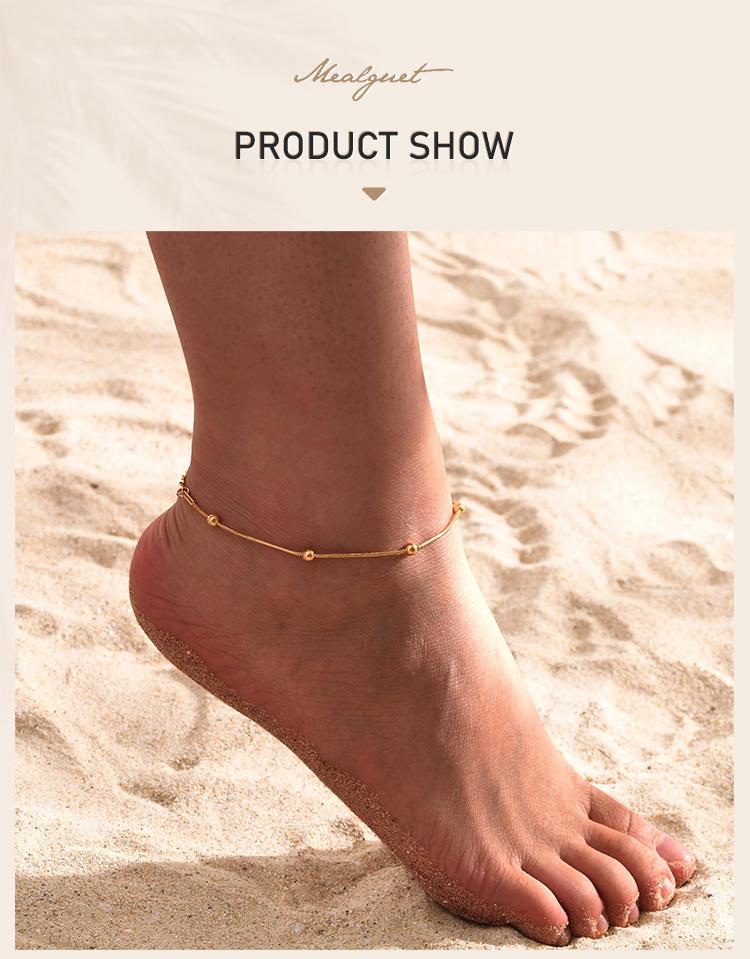 Summer Anklets for Women Girls, Stainless Steel Round Snake Chain Bead Anklet Bracelet On Leg Jewelry Waterproof