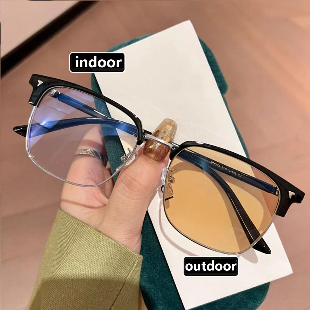 Intelligent Color Changing Minus Eyeglasses with Diopter 0 To -4.0 Vintage Square Half Frame Pochromic Near Sight Glasses