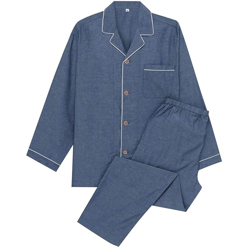 

[MXKDEN] pajamas men s long sleeve 100% cotton Front opening double gauze top and bottom set spring autumn (L, Navy (long sleeve))