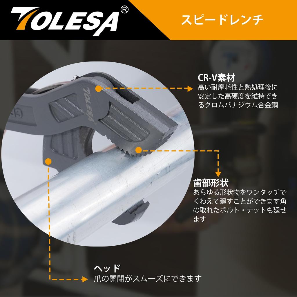 TOLESA Pipe Wrench Speed Jaw Chrome Vanadium Alloy Multifunctional Universal Wrench Wrench, 9-25mm/19-43mm Opening, 2-Piece Set, Steel,
