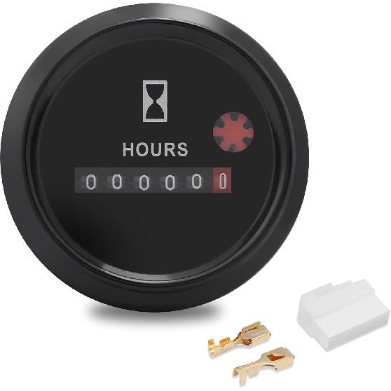 Quartz Boat Hour Gauge 12-36V DC AC, Waterproof Round Gauge for Boat, Auto, ATV, UTV, Snowmobile, Lawn Tractors, Generators, Automotive