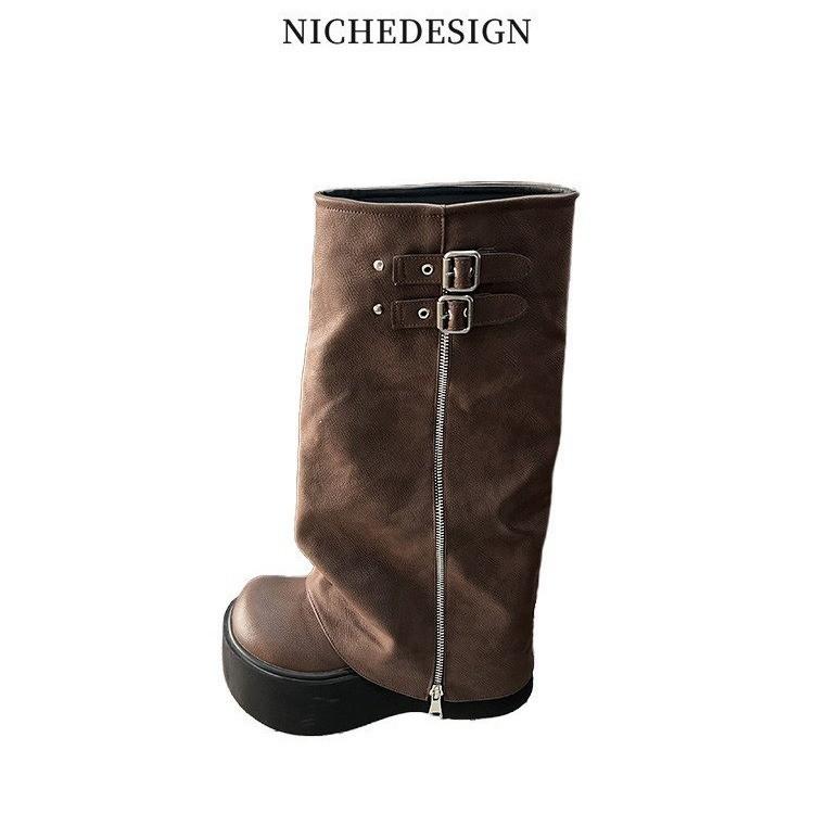 Zipper retro high boots fashion boots women's boots new long boots thick heel western boots heightening leather boots