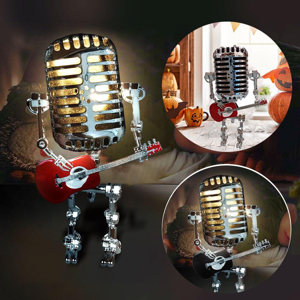Steampunk Vintage Microphone Robot Desk Table Lamp with Guitar Handmade Table Lamp Gifts for Music Art Lovers for Art Decor