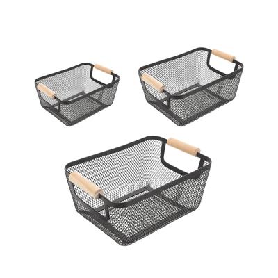 Metal Wire Bin Basket with Wooden Handle Container Multifunctional Kitchen Organizer Fruit Basket for Home Office Lightweight